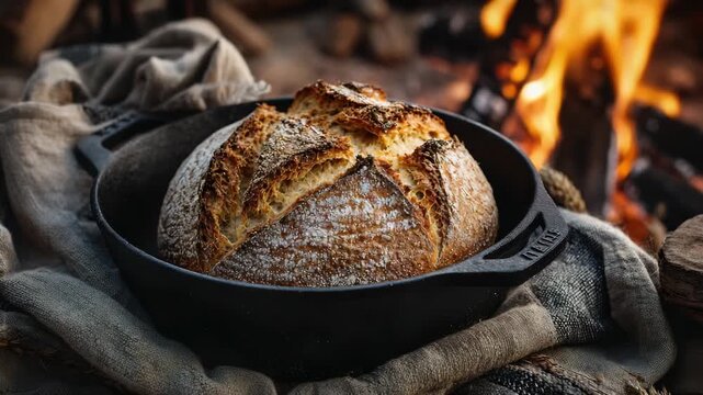 Rustic campfire bread loaf baking in cast iron dutch oven with flames and firewood in outdoor camping scene