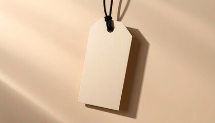 Modern blank gift tag with elongated vertical shape, matte beige paper, thin black string, soft shadow, stylish background