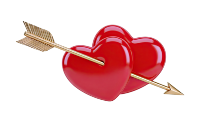 Two Red Hearts Pierced by Golden Cupid's Arrow