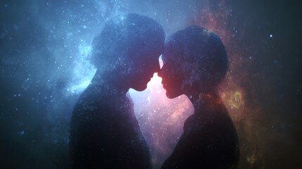Two people face each other in a close embrace with a cosmic scene in the background. Stars and colors create a dreamy atmosphere enhancing their connection at night.