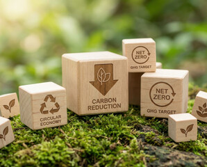 Green carbon reduction neutral sustainable net nature concept wooden cube moss shows eco goal and net zero target for climate action and carbon footprint cut carbon reduction to net zero concept