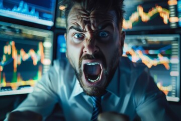 Stressed man shouting at financial charts losing money