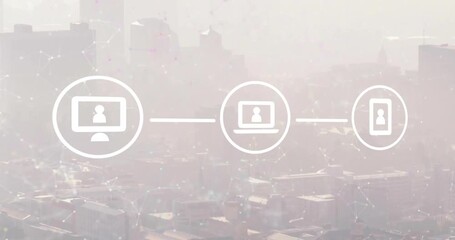 Animation of network of digital media icons over large communication network and cityscape - Powered by Adobe