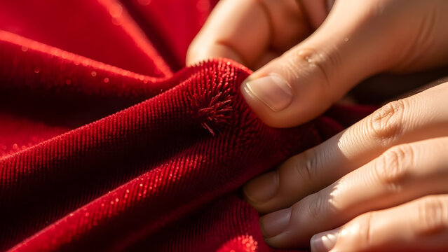Woman holding luxurious red velvet fabric close-up.