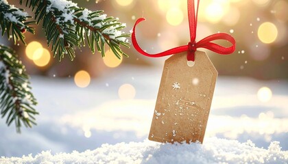 Christmas gift tag with pine branches, red ribbon, snow details, warm holiday lighting, beautiful background
