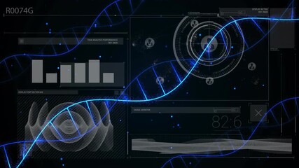 DNA strand and scientific data processing animation over digital interface - Powered by Adobe