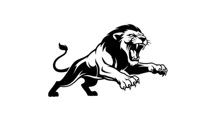 Fierce lion attacking with open mouth and sharp claws