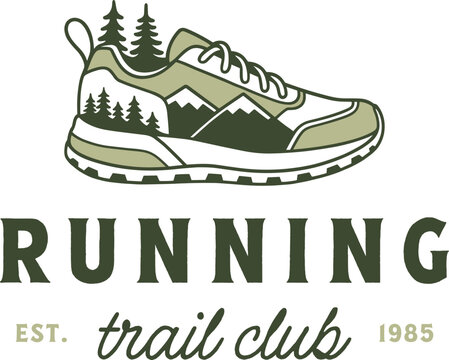 Trail running club logo outdoors run race patch sticker badge template for runner friends group training. Mountain forest woods retro vintage green aesthetic printable shoes drawing tee shirt design.