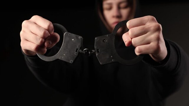 A close-up view of a person in a hoodie gripping open black handcuffs and extending them forward, with a blurred face in the background and a dark backdrop