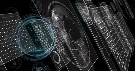 Holographic animation with futuristic digital interface and circuit patterns on black background - Powered by Adobe