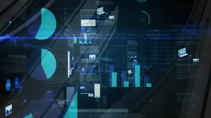 Displaying digital graphs and charts, animation showing data analysis on interface - Powered by Adobe