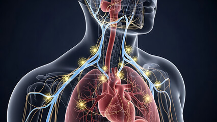 Transparent human anatomy illustration depicting cervical vagus nerve neural activation and chemical acetylcholine neurotransmitter release signal within the parasympathetic nervous system.
