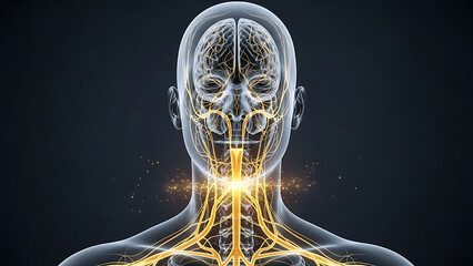 Anatomical illustration of a translucent human head and cervical profile featuring a glowing neural network emphasizing the vagus nerve system for medical neurology visualization and science.