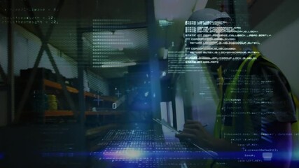 man wearing safety vest inspecting racks, overlaying warehouse logistics code and data streams - Powered by Adobe