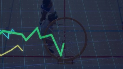 Basketball players vying under hoop on gym court showing animated sports tech grid and line graphs - Powered by Adobe
