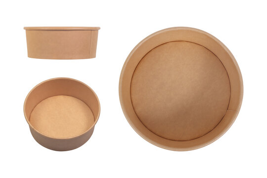 Set of round brown cardboard food container isolated on white background. Top view, side view, angle view
