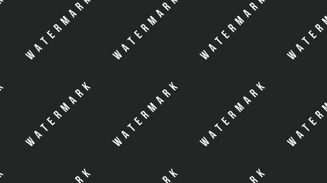 Dynamic white "WATERMARK" text moves diagonally and seamlessly across a dark background in a loop. Perfect for content protection, abstract branding, or motion graphics.