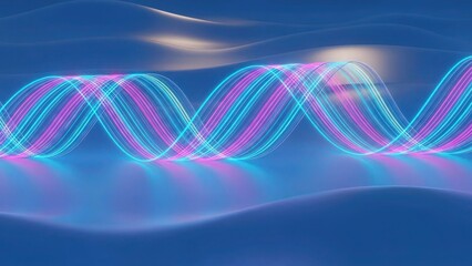 A vibrant digital illustration of glowing neon waves on a dark blue background