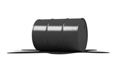 Black leaking oil barrel. Isolated. Black stain. 3d illustration.