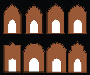 Islamic shape of door or window silhouette Arabic arch. Collection of patterns in oriental style. Frames in Arabic Muslim design for Ramadan Kareem. Vector mosque gate shape isolated on background.
