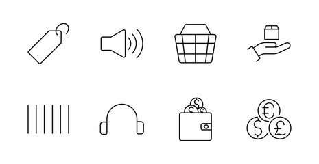 Retail and commerce set icon. Price tag, volume, basket, hand with package, barcode, headset, wallet, currency icons illustrated in linear style for market, shopping, and audio visuals.