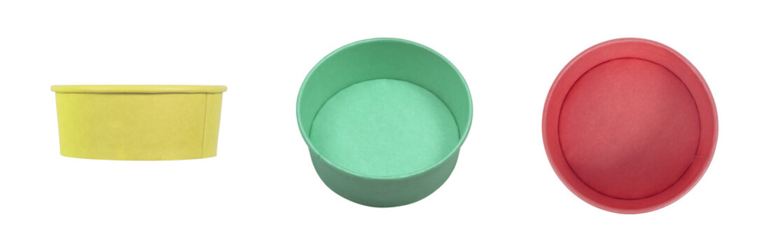 Colorful of round cardboard food container isolated on white background. Top view, side view, angle view