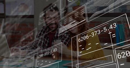 Coworkers reviewing business metrics on phone as data overlays fading and charts sliding - Powered by Adobe