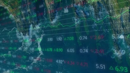 Ocean wave starting financial data overlay updating numbers and arrows showing market trends - Powered by Adobe
