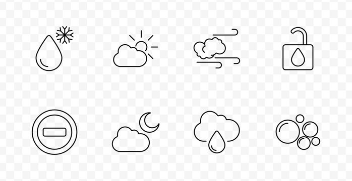 Weather condition set icon. Snowflake drop, sun cloud, wind, unlocked drop, minus, night cloud, rain cloud, bubbles drawn in outlined style with transparent background