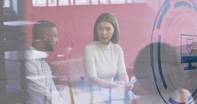 Woman speaker leaning and presenting cybersecurity talk with shield icon showing network lines