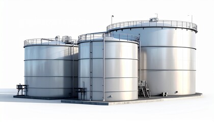 Fototapeta premium Large storage tanks for liquids located at an industrial facility in a sunny outdoor area