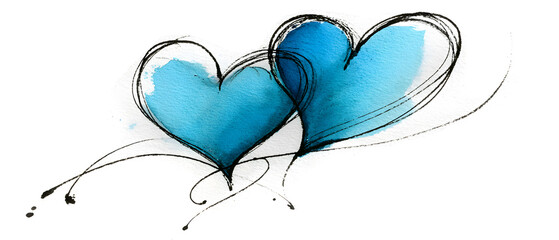 Blue Love Concept Two Hearts Joined by Elegant Ink Strokes