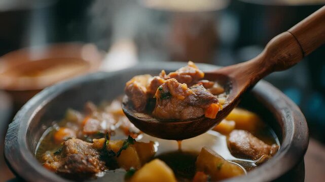 Handheld close up view of wooden ladle showing meat of steaming traditional Dominican creole food called Sancocho