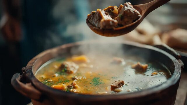 Handheld close up view of wooden ladle showing meat of steaming traditional Dominican creole food called Sancocho