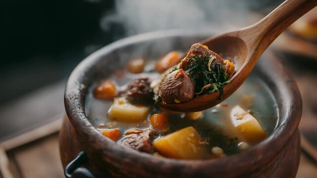 Handheld close up view of wooden ladle showing meat of steaming traditional Dominican creole food called Sancocho