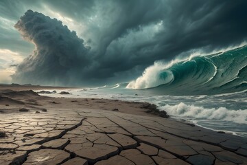 Abstract fusion of storm clouds, ocean wave energy, and fractured earth textures symbolizing natural forces in motion under cinematic lighting with balanced negative space - AI Generated