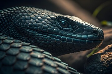 Macro reptile scale texture with overlapping geometric scales in almost-black tones, subtle edge highlights, and deep shadow gaps under cinematic low-key lighting - AI Generated