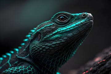 Macro reptile scale texture in near-black tones with geometric scales and single-color neon edge highlights under low-key cinematic lighting for premium abstract wallpaper - AI Generated