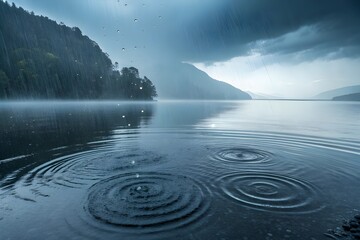 Heavy rainfall impacting a calm water surface with overlapping concentric ripples under moody overcast lighting in dark blue and silver tones for minimalist wallpaper use - AI Generated