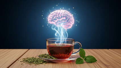 Steaming ceramic mug of aromatic herbal infusion with a luminous translucent human brain floating above it representing cognitive enhancement mental clarity and creative focus concept.
