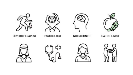 Comprehensive set of outline vector icons depicting various healthcare and wellness professionals, offering clear visual representation for medical services, support, and healthy lifestyle concepts