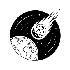 Celestial Collision: Depicting a cosmic event, an asteroid hurtles towards Earth, a striking black and white depiction of a celestial collision. © shamim ahmed 