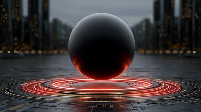Black spherical object levitating above a glowing circular platform with intricate patterns, showcasing a dynamic visual progression of energy and light in a futuristic environment