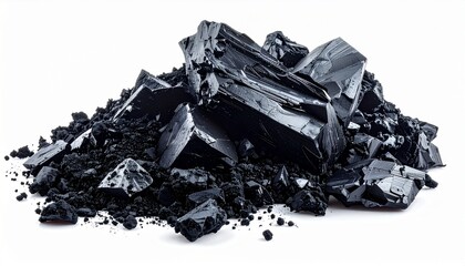 Dark pile of raw mineral bits and pieces in the center of a clean white background during a studio shot