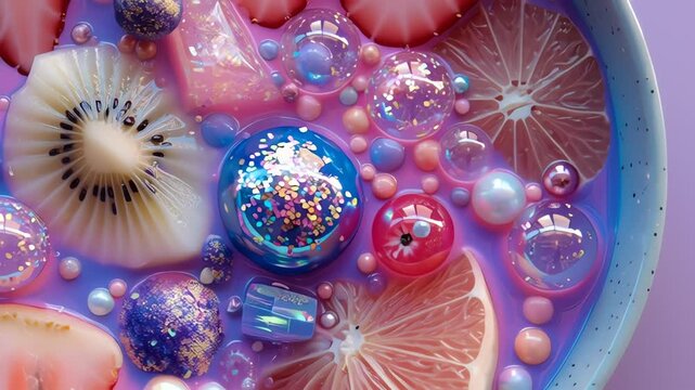 Close-up of a vibrant fruit bowl with kiwi, grapefruit slices, and decorative beads on a purple background with a shallow depth of field and pastel color palette.