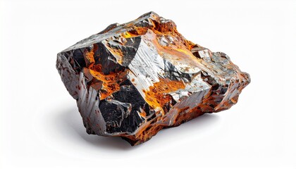 Unique black and orange mineral rock on a white surface with detailed texture visible to the viewer