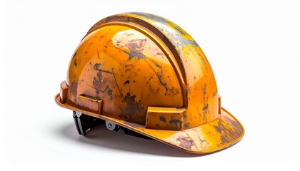 Yellow hard hat rests on a flat surface showing signs of wear and use from a construction site