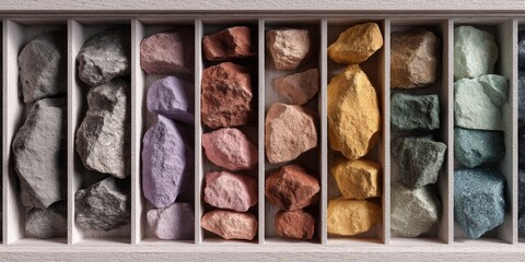 Colorful assortment of natural stones on solid background showcasing various textures and hues, ideal for artistic projects and educational purposes, highlighting nature's beauty