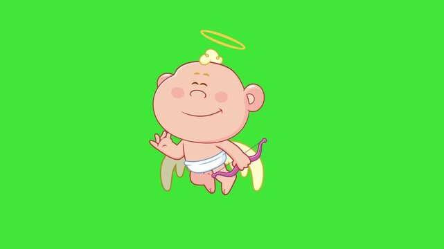 Cute Cupid Angel Flying And Holding Bow And Revealing Heart Bouquet - 4K Animation Video Motion Graphics With Chroma Key Green Screen Background