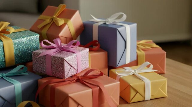 Colorful Wrapped Gifts on Wooden Table